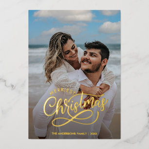 Modern Merriest Christmas Family Photo Name Gold Foil Holiday Card