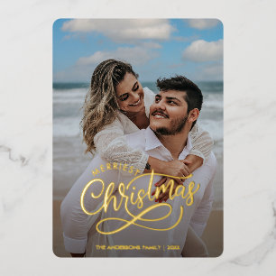 Modern Merriest Christmas Family Photo Name Tartan Foil Holiday Card
