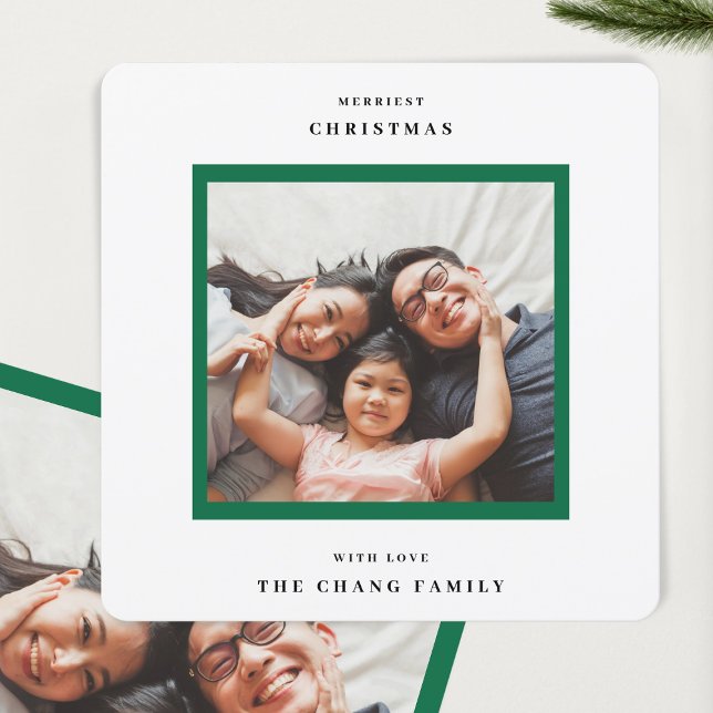 Modern Merriest Christmas Green Frame Photo Square Holiday Card (Creator Uploaded)