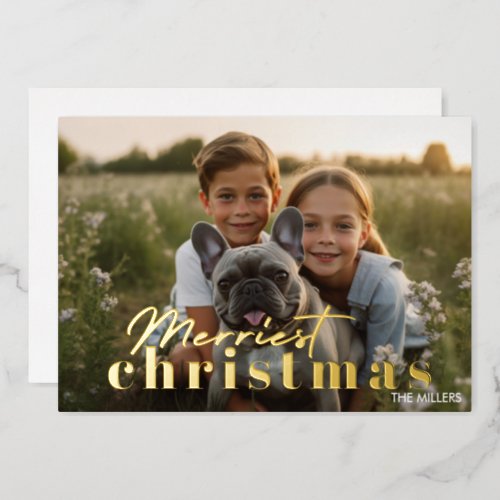 Modern Merriest Christmas Minimal 1 Photo Elegant Foil Holiday Card