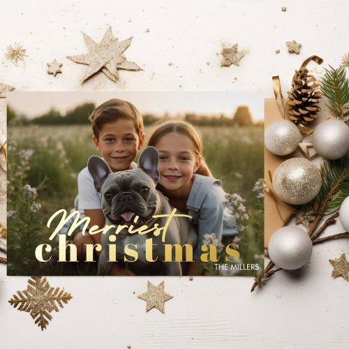 Modern Merriest Christmas Minimal 1 Photo Elegant Foil Holiday Postcard