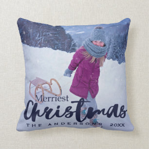 Modern Merriest Christmas Script Holiday Photo Throw Pillow