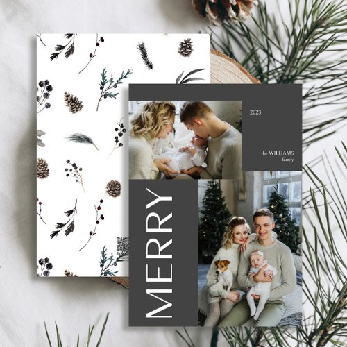 Modern Merry 2 Photo Black Winter Watercolor  Holiday Card