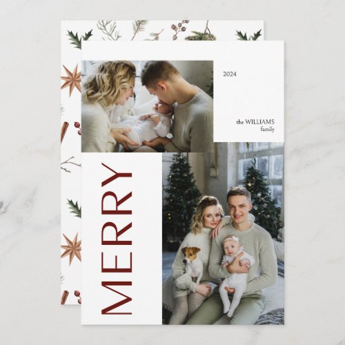 Modern Merry 2 Photo Botanical Watercolor Holiday Card