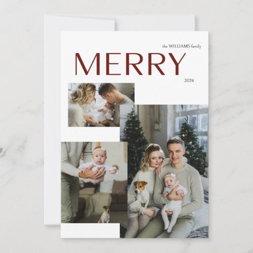 Modern Merry 3 Photo Botanical Watercolor  Holiday Card