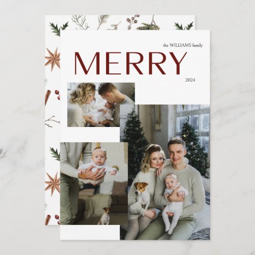 Modern Merry 3 Photo Botanical Watercolor  Holiday Card