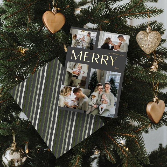 Modern Merry 5 Photo Collage Gray Christmas Gold Foil Holiday Card (Shine Bright! 'MERRY' Gold Foil Holiday Card 🌟🎄 [Add Your Photo])