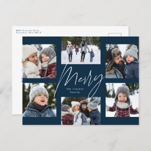 Modern merry 6 photo Christmas collage navy blue Holiday Postcard