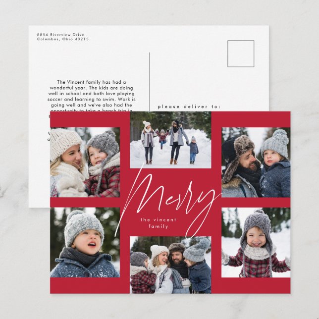 Modern merry 6 photo Christmas collage red Holiday Postcard (Front/Back)
