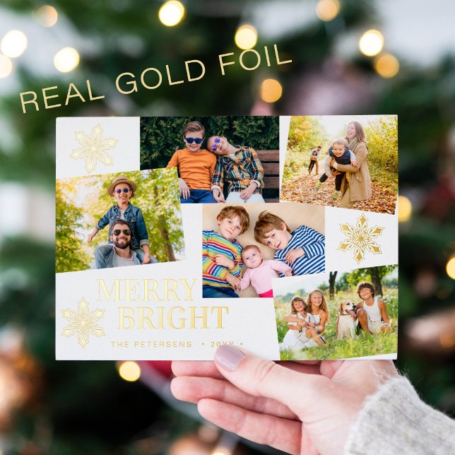 Modern Merry and Bright 5 photos Christmas gold Foil Holiday Card (Creator Uploaded)