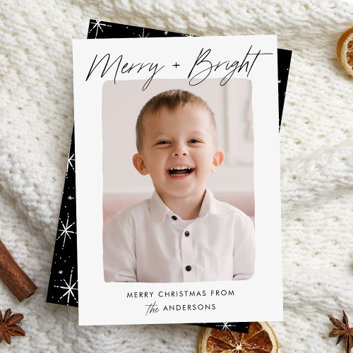 Modern Merry and Bright Black Script Photo Holiday Card