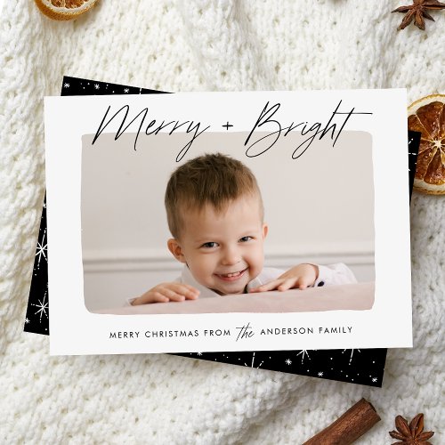 Modern Merry and Bright Black Script Photo Holiday Card