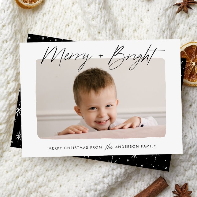 Modern Merry and Bright Black Script Photo Holiday Card (Creator Uploaded)