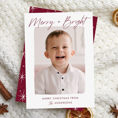 Modern Merry and Bright Burgundy Script Photo Holiday Card