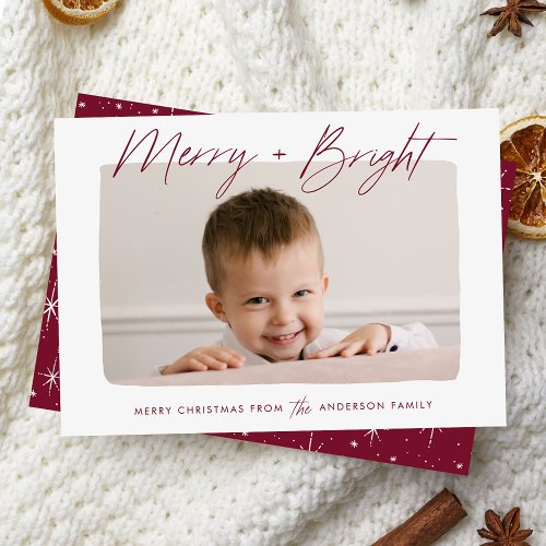Modern Merry and Bright Burgundy Script Photo Holiday Card