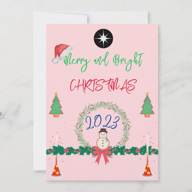 Modern Merry And Bright Christmas 2023 wreath Holiday Card (Front)
