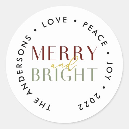 Modern Merry and Bright Christmas Family Classic Round Sticker