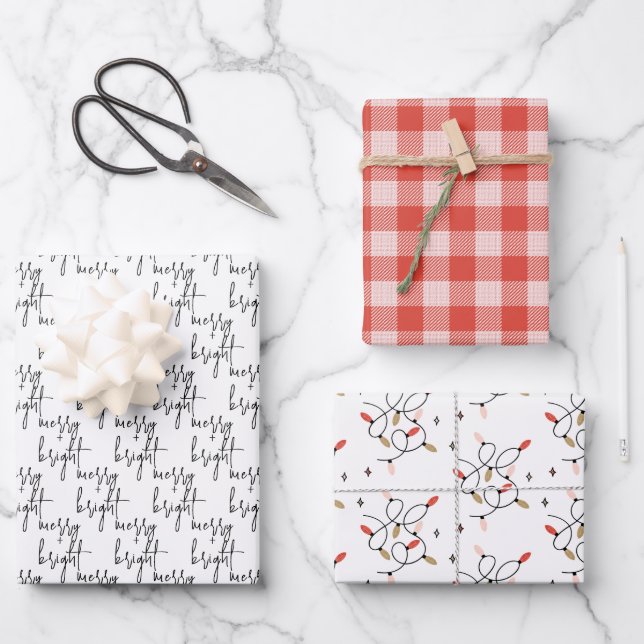 Modern Merry and Bright Christmas Lights Holiday Wrapping Paper Sheets (Front)
