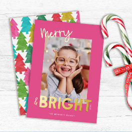 Modern Merry and Bright Christmas Photo Foil Holiday Card