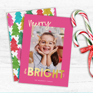 Modern Merry and Bright Christmas Photo  Foil Holiday Card