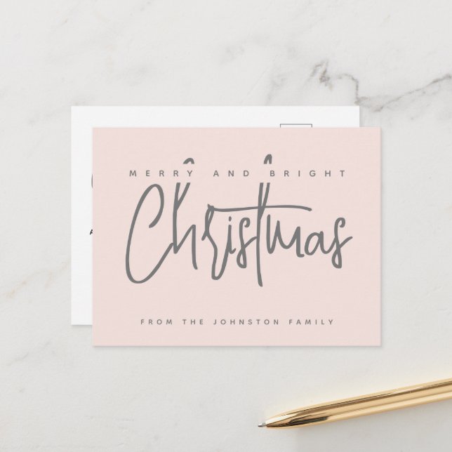 Modern Merry and Bright Christmas simple script Postcard (Front/Back In Situ)