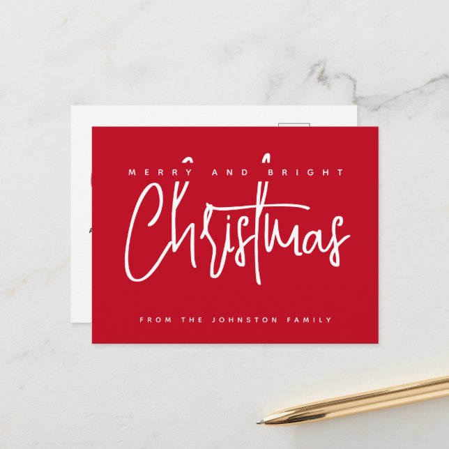 Modern Merry and Bright Christmas simple script Postcard (Front/Back In Situ)
