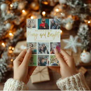 Modern Merry and Bright Faux Gold 9 Photo Holiday Card