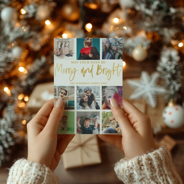 Modern Merry and Bright Faux Gold 9 Photo   Holiday Card (Creator Uploaded)