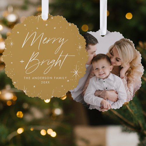 Modern Merry and Bright Gold Holiday Photo Ornament Card