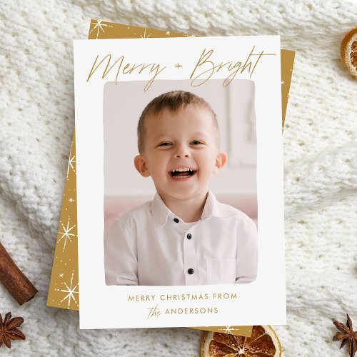 Modern Merry and Bright Gold Script Photo Holiday Card