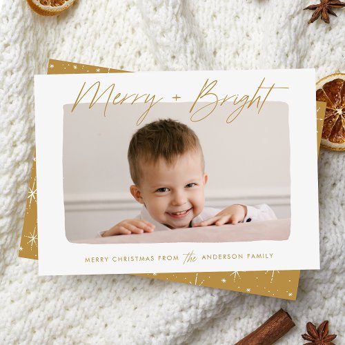 Modern Merry and Bright Gold Script Photo Holiday Card