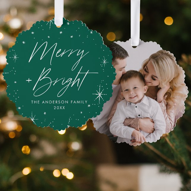 Modern Merry and Bright Green Holiday Photo Ornament Card (Creator Uploaded)