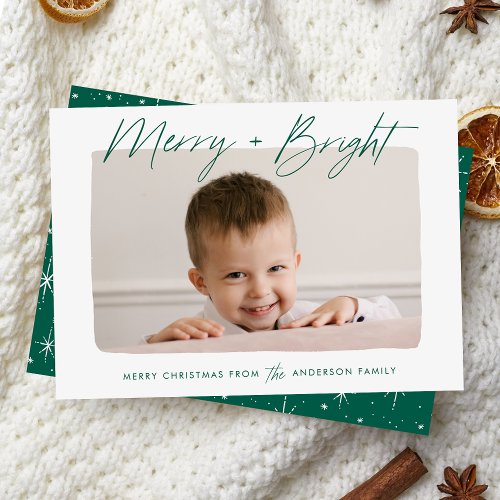 Modern Merry and Bright Green Script Photo Holiday Card