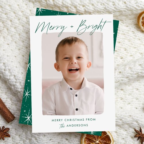 Modern Merry and Bright Green Script Photo Holiday Card