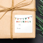 Modern Merry and Bright Holiday Gift Square Sticker<br><div class="desc">Colorful, modern holiday gift stickers featuring a string of Christmas lights at the top of the design. The phrase "Merry & Bright" is featured in trendy typography with shades of red, gold, orange, blush pink, & green. The cute merry and bright gift stickers provide space for the gift recipient's name....</div>