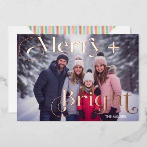 Modern Merry And Bright Minimal 1 Photo Colorful Foil Holiday Card