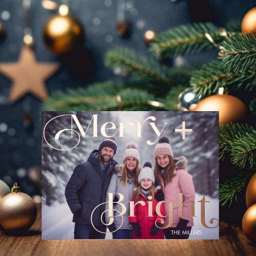 Modern Merry And Bright Minimal 1 Photo Colorful Foil Holiday Postcard