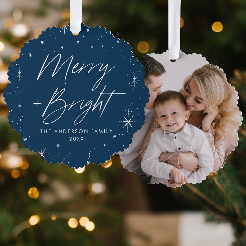 Modern Merry and Bright Navy Holiday Photo Ornament Card