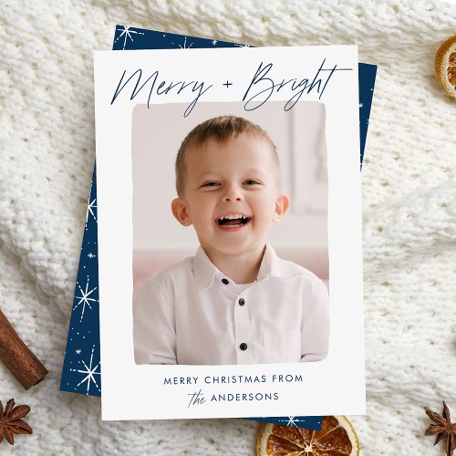 Modern Merry and Bright Navy Script Photo Holiday Card