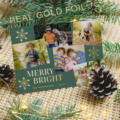 Modern Merry and Bright photo Christmas green Foil Holiday Card