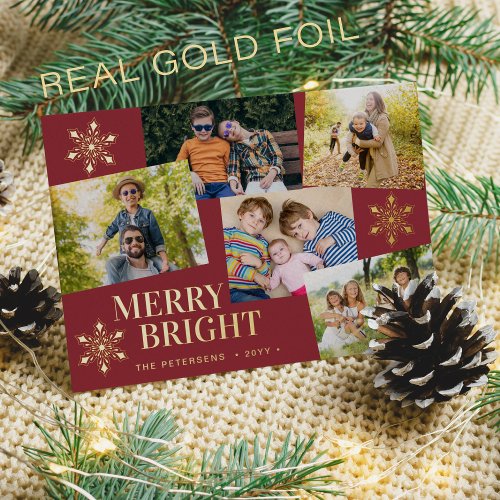 Modern Merry and Bright photo Christmas red gold  Foil Holiday Card