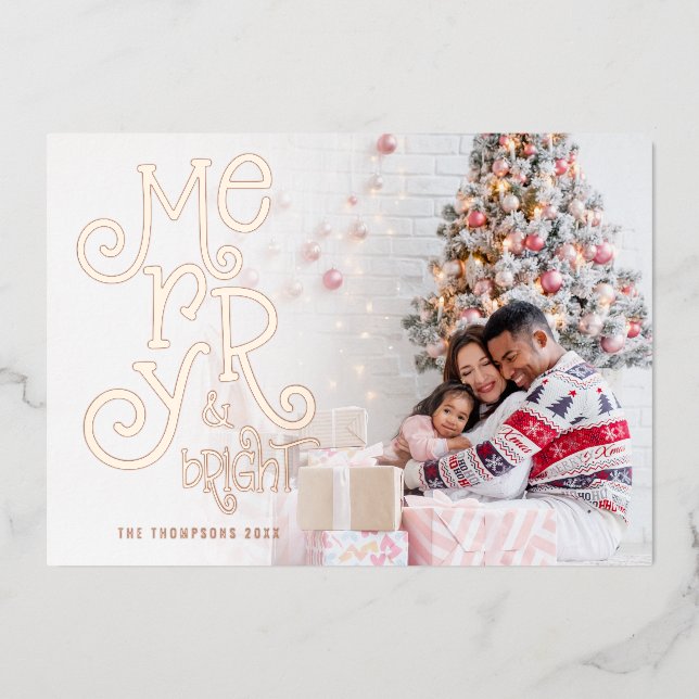 Modern Merry and Bright Photo Overlay Christmas Foil Holiday Card (Front)