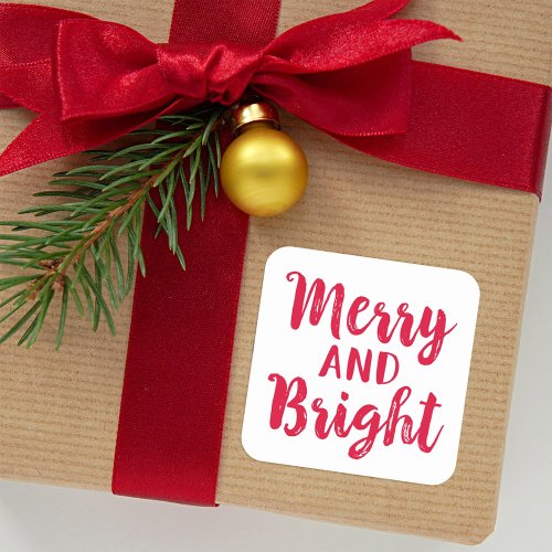 Modern Merry and Bright Red Brushed Script Holiday Square Sticker