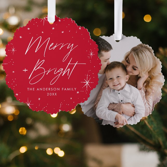 Modern Merry and Bright Red Holiday Photo Ornament Card (Creator Uploaded)