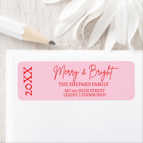 Modern Merry and Bright Red Pink Christmas  Label