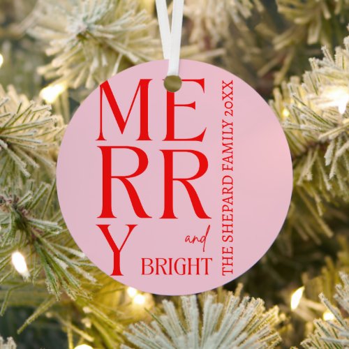 Modern Merry and Bright Red Pink Christmas  Metal Ornament