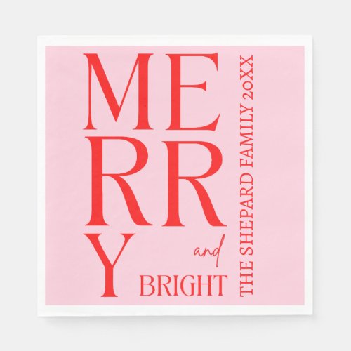 Modern Merry and Bright Red Pink Christmas  Napkins