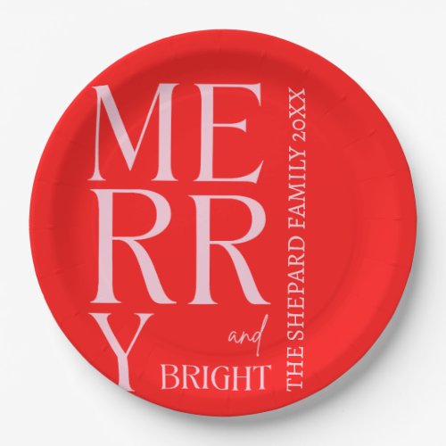 Modern Merry and Bright Red Pink Christmas  Paper Paper Plates