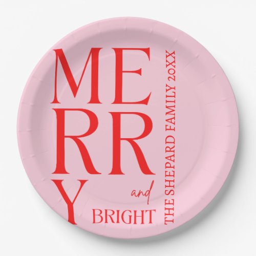 Modern Merry and Bright Red Pink Christmas  Paper Plates