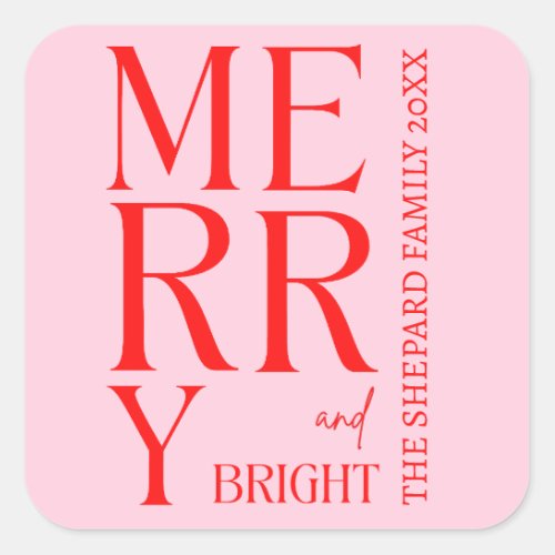 Modern Merry and Bright Red Pink Christmas  Square Sticker